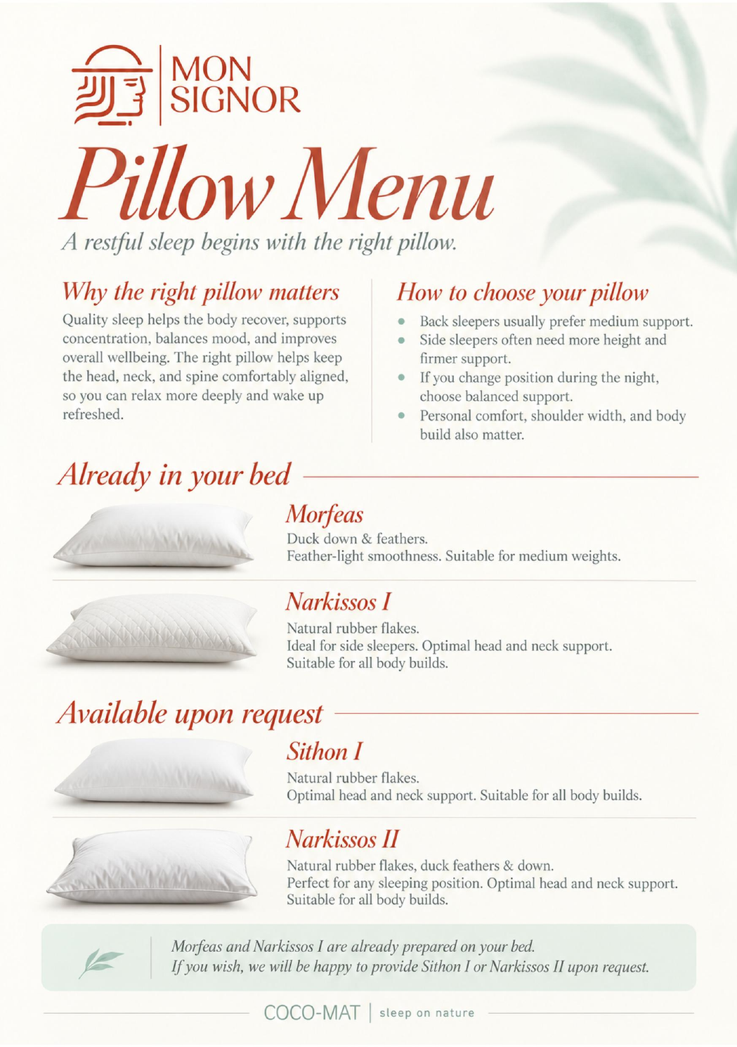 Mon Signor COCO-MAT Pillow Menu